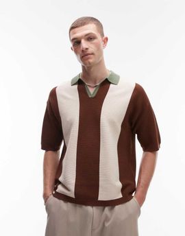 Topman Topman color block knit camp collar polo shirt in sage & neutral-Multi