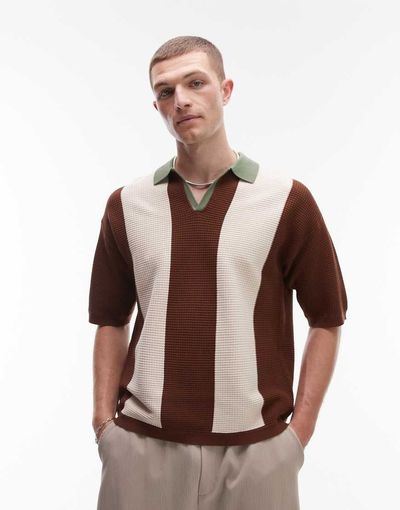 Topman Topman color block knit camp collar polo shirt in sage & neutral-Multi
