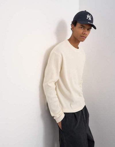 Topman Topman cropped fit long sleeve heavyweight waffle T-shirt in ecru-White