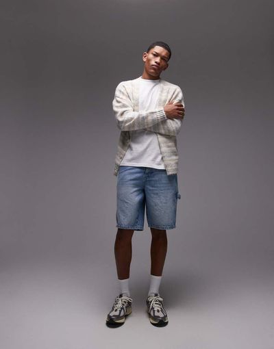 Topman Topman denim carpenter shorts in light wash blue