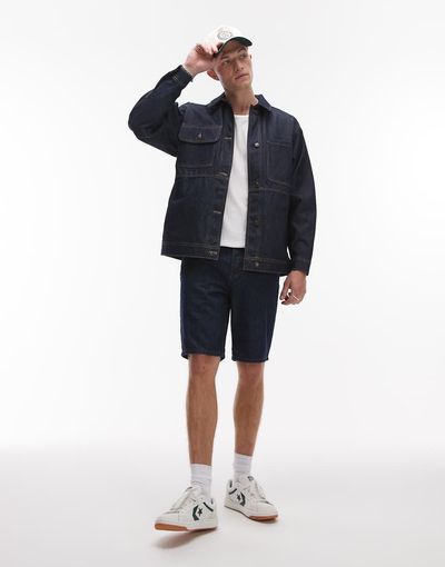 Topman Topman denim straight leg jorts in raw-Navy