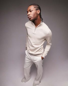 Topman Topman essential knitted 1/4 zip sweater in stone-Neutral