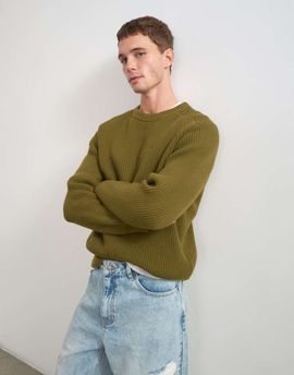 Topman Topman fisherman rib knit sweater in khaki-Green