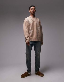Topman Topman floral embroidered sweater in stone-Neutral
