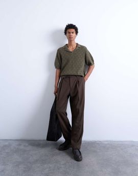 Topman Topman knit checkerboard crochet polo shirt in khaki green
