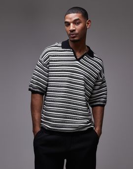 Topman Topman knit striped polo in monochrome-Multi