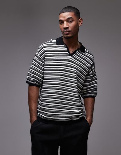Topman Topman knit striped polo in monochrome-Multi