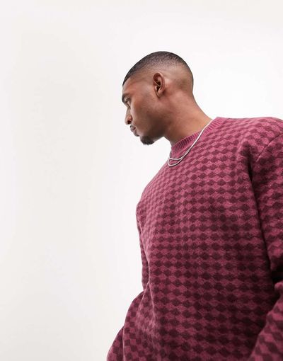 Topman Topman knit sweater with all-over diamond geo in burgundy-Red