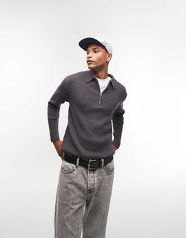 Topman Topman knitted rib polo in charcoal-Gray