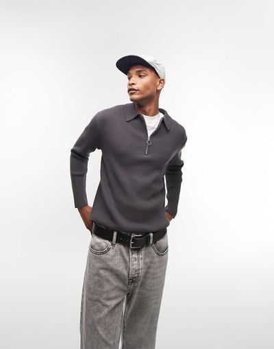 Topman Topman knitted rib polo in charcoal-Gray