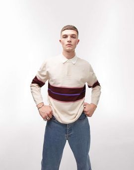 Topman Topman knitted rugby polo with stripe in ecru & pink-Multi