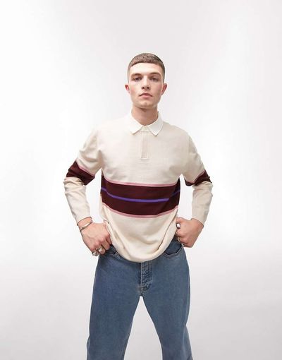 Topman Topman knitted rugby polo with stripe in ecru & pink-Multi