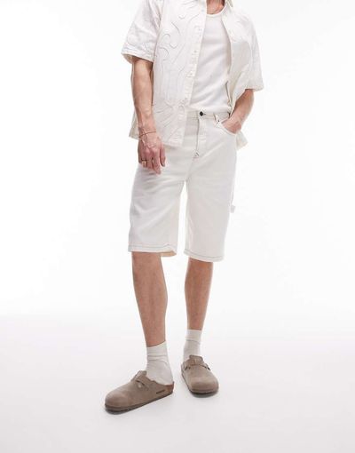 Topman Topman longline carpenter denim short in ecru-Neutral