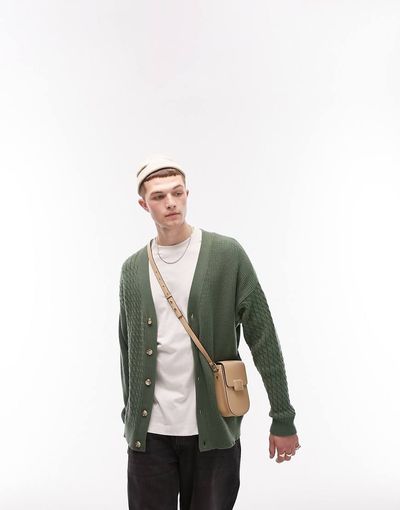 Topman Topman mix stitch cardigan in sage green