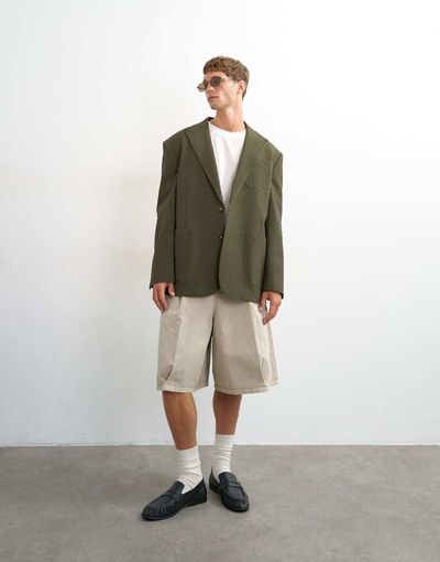 Topman Topman oversized fit deconstructed seersucker blazer in khaki-Green