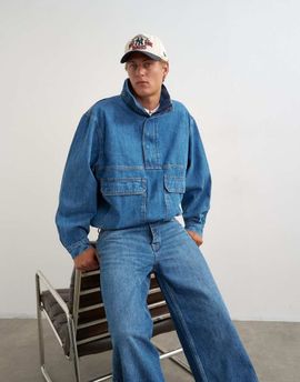 Topman Topman oversized fit denim jacket with funnel neck in mid wash-Blue