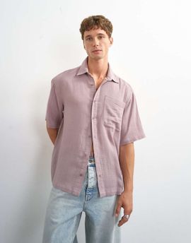 Topman Topman oversized fit textured cheesecloth short sleeve shirt in washed lilac-Purple