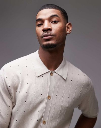 Topman Topman pointelle knit polo shirt in stone-Neutral