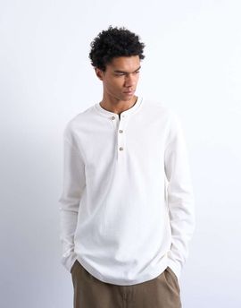 Topman Topman premium relaxed fit heavyweight waffle henley in ecru-White