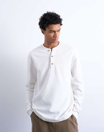 Topman Topman premium relaxed fit heavyweight waffle henley in ecru-White