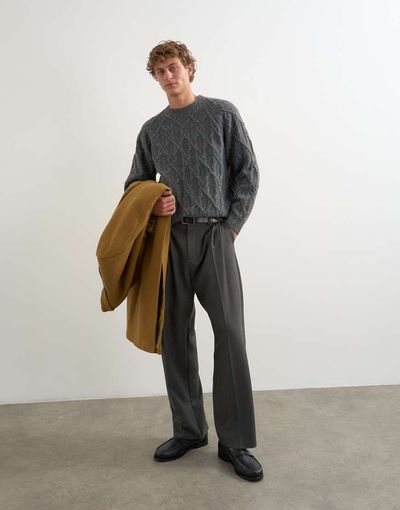 Topman Topman relaxed fit cable knit sweater in charcoal-MULTI