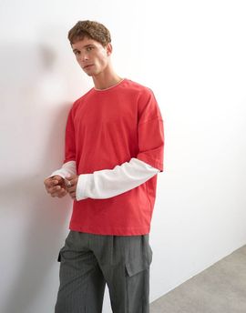 Topman Topman relaxed fit crop layered T-shirt with waffle sleeves in washed red