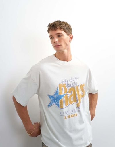 Topman Topman relaxed fit crop vintage Rays print T-shirt with distressing in ivory-White