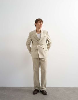 Topman Topman relaxed fit double breasted striped blazer in stone-Neutral
