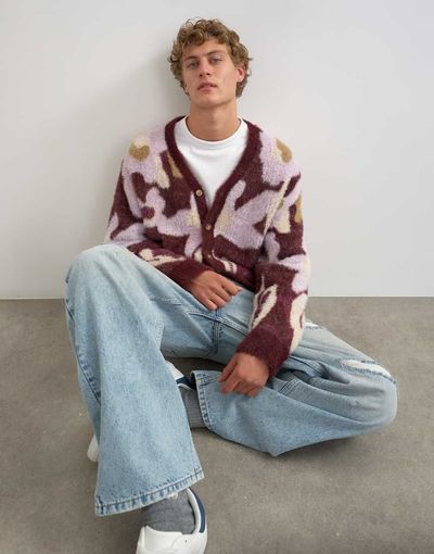 Topman Topman relaxed fit fluffy floral cardigan in burgundy-RED