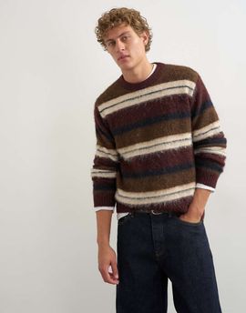 Topman Topman relaxed fit fluffy striped knitted sweater in burgundy-RED