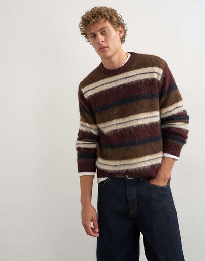Topman Topman relaxed fit fluffy striped knitted sweater in burgundy-RED