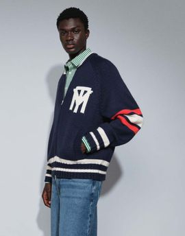 Topman Topman relaxed fit heavyweight knit varsity cardigan in navy-Multi