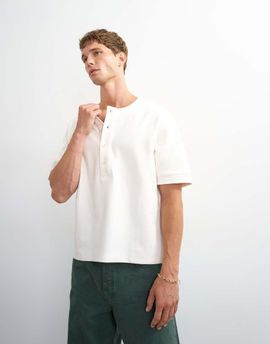 Topman Topman relaxed fit jersey twill baseball henley shirt in ecru-White