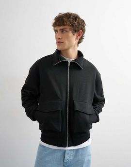 Topman Topman relaxed fit jersey utility shacket with funnel neck in black