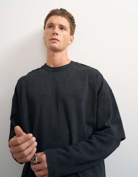 Topman Topman relaxed fit layered T-shirt with waffle sleeves in washed black