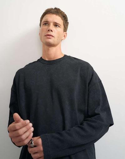 Topman Topman relaxed fit layered T-shirt with waffle sleeves in washed black