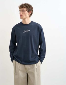 Topman Topman relaxed fit long sleeve T-shirt with ciao bella print in navy