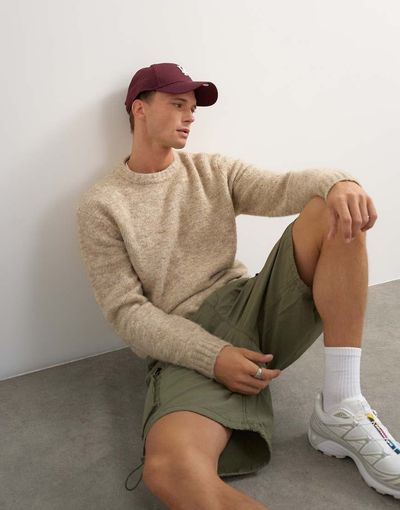 Topman Topman relaxed fit loose knit sweater in stone-Neutral