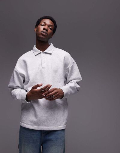 Topman Topman relaxed fit sweatshirt polo in ice gray heather