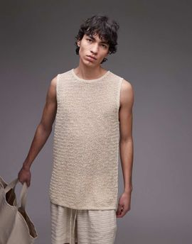 Topman Topman relaxed fit textured knit tank top in stone-Neutral