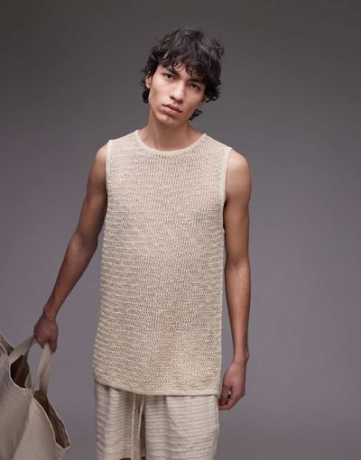 Topman Topman relaxed fit textured knit tank top in stone-Neutral