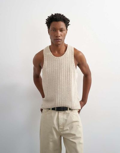 Topman Topman relaxed fit textured tank top in stone-Neutral