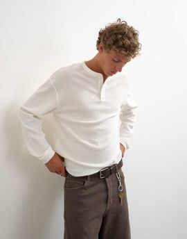 Topman Topman relaxed fit waffle henley with raw hem in washed ecru-White