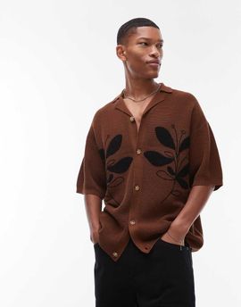 Topman Topman relaxed floral applique revere knitted shirt in brown