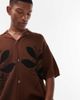 Topman Topman relaxed floral applique revere knitted shirt in brown - 3