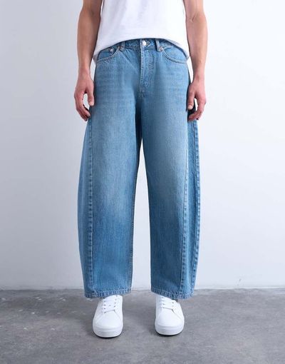 Topman Topman rigid barrel jeans in mid wash-Blue