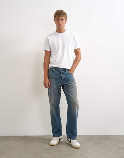 Topman Topman rigid straight fit jeans with tint in mid wash-Blue