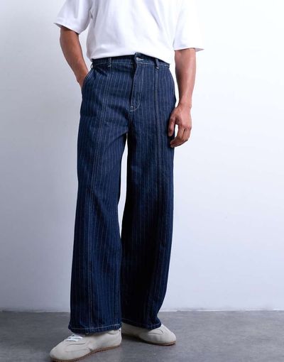 Topman Topman wide leg jeans with seam detailing in stripes-Navy
