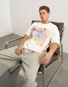 Topman Topman x Akilah boxy fit crop abstract scenic graphic T-shirt with embroidery in ecru-White