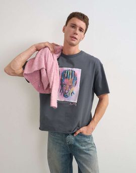Topman Topman x Akilah relaxed fit abstract portrait graphic t-shirt with embroidery in charcoal-Gray